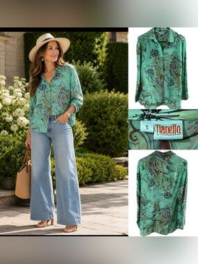 Tianello washable Silk Floral Paisley tunic  Blouse Mint Green Size Small Boho